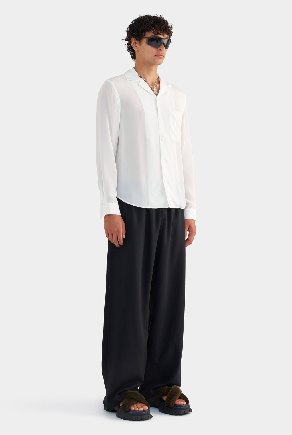 Long Sleeve Silk Camp Collar Shirt - Off White/Honolulu Print