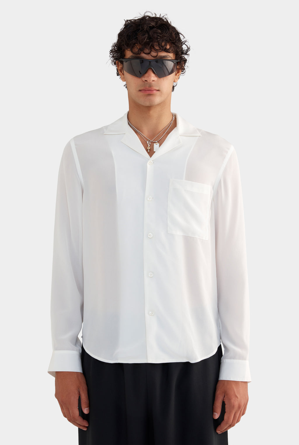 Long Sleeve Silk Camp Collar Shirt - Off White/Honolulu Print
