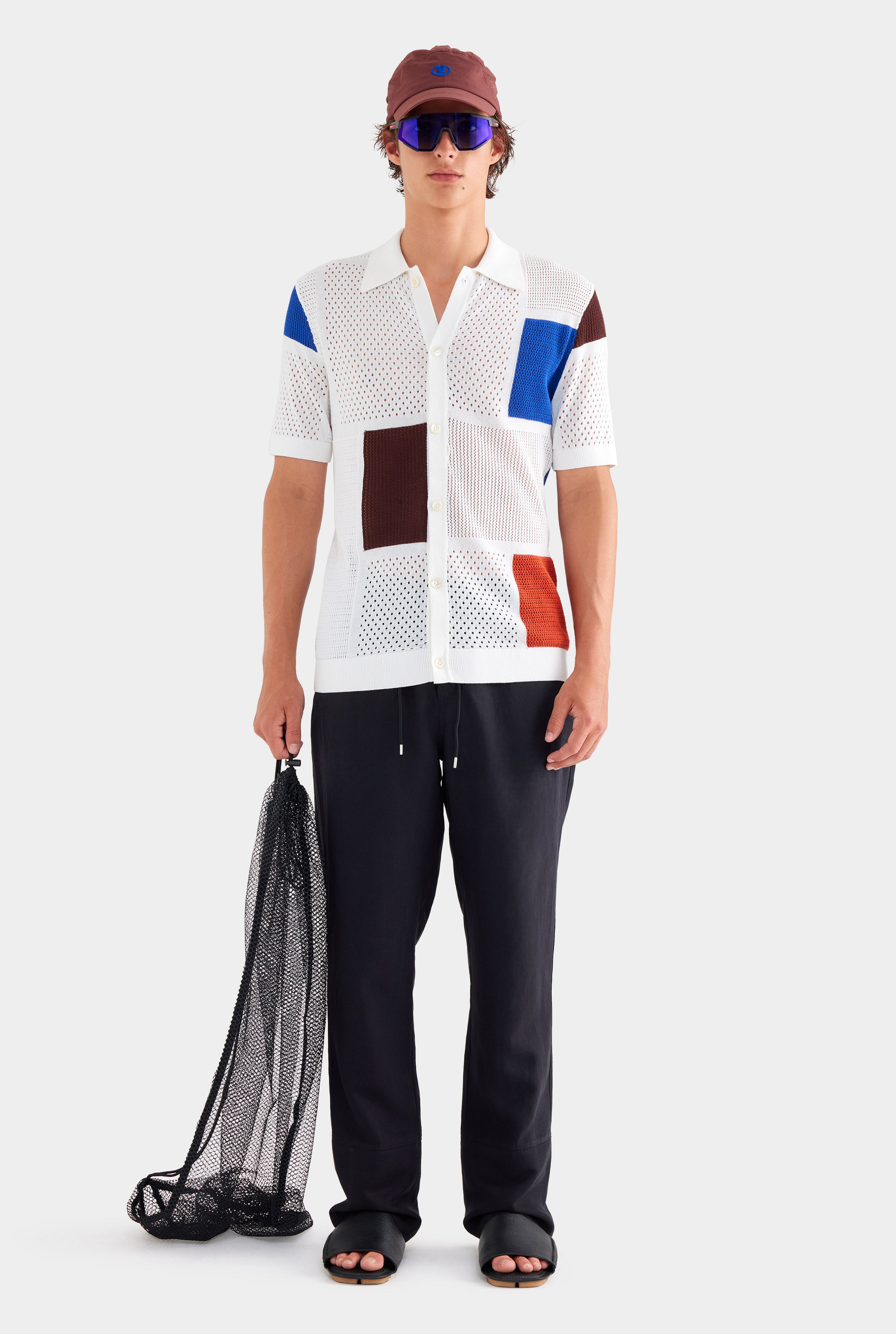 Multi Stitch Cotton Knit Shirt - Off White/Blue/Picante