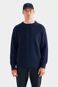Oversized Cotton Knit Sweater - Navy