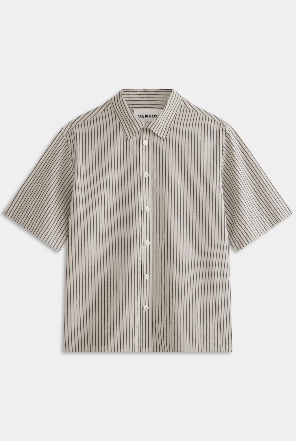 Oversized Cotton Seersucker Short Sleeve Shirt - Brown/Off White Stripe