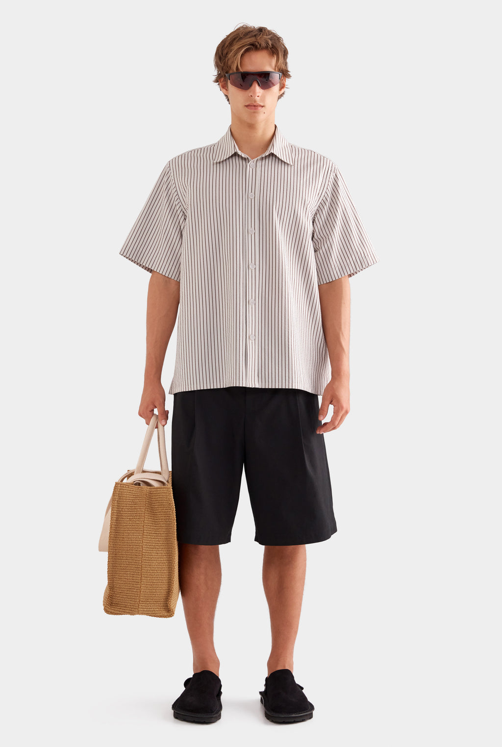 Oversized Cotton Seersucker Short Sleeve Shirt - Brown/Off White Stripe