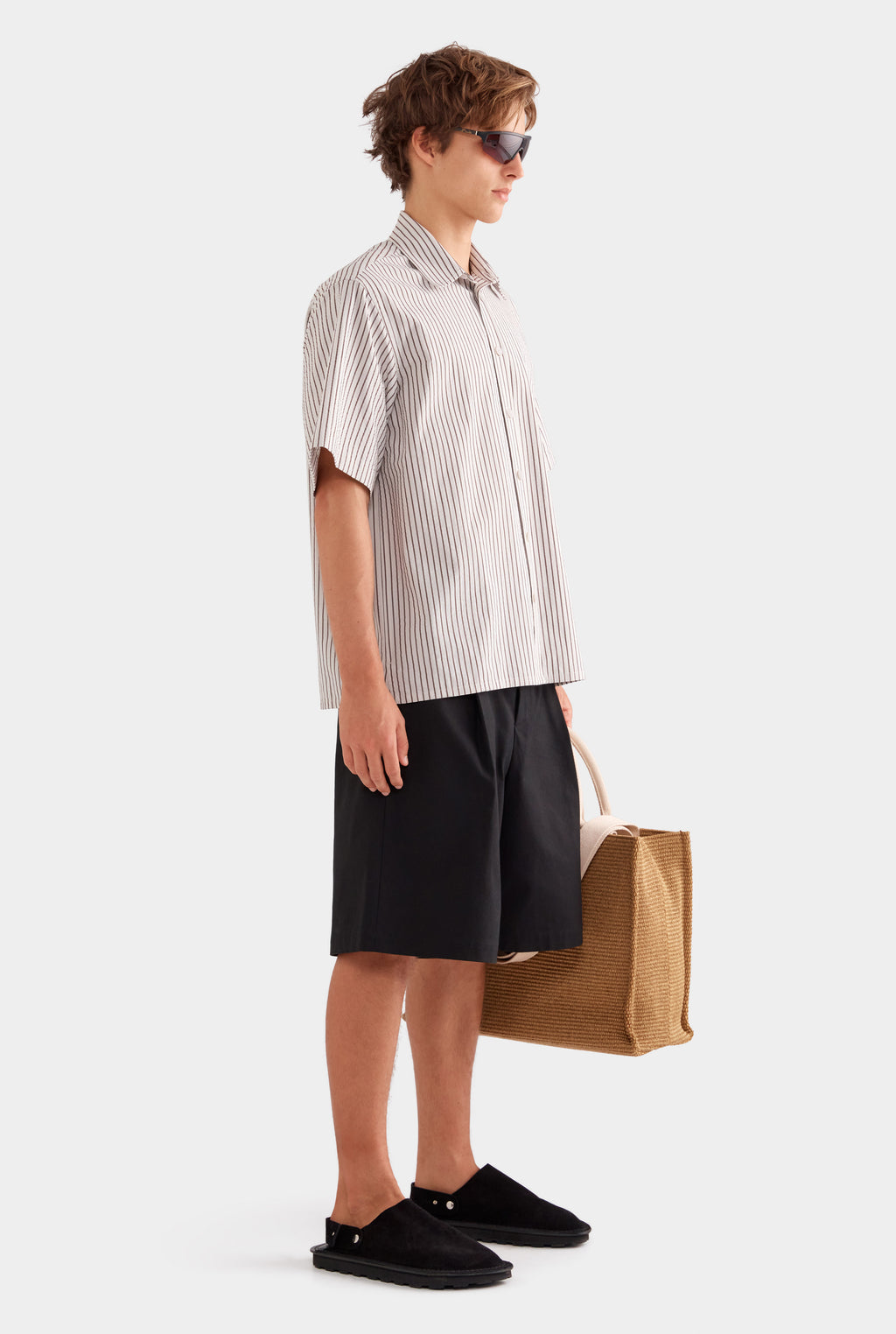 Oversized Cotton Seersucker Short Sleeve Shirt - Brown/Off White Stripe