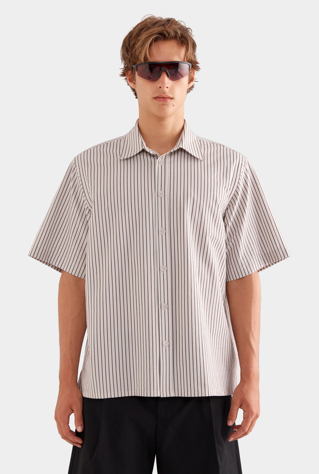 Oversized Cotton Seersucker Short Sleeve Shirt - Brown/Off White Stripe