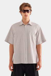 Oversized Cotton Seersucker Short Sleeve Shirt - Brown/Off White Stripe