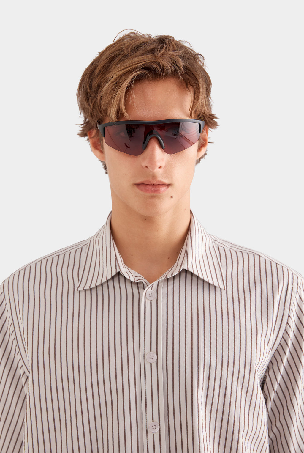 Oversized Cotton Seersucker Short Sleeve Shirt - Brown/Off White Stripe