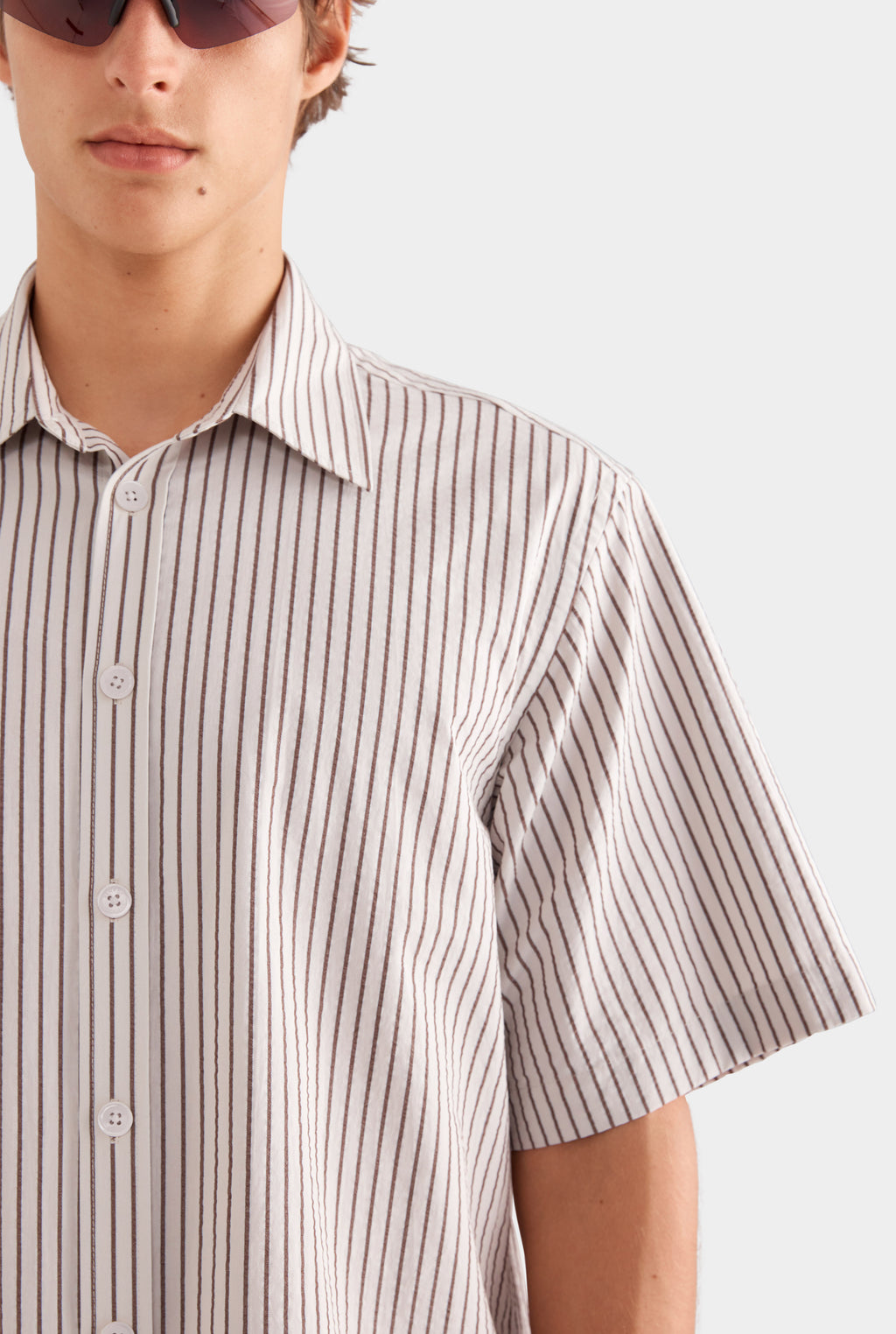 Oversized Cotton Seersucker Short Sleeve Shirt - Brown/Off White Stripe