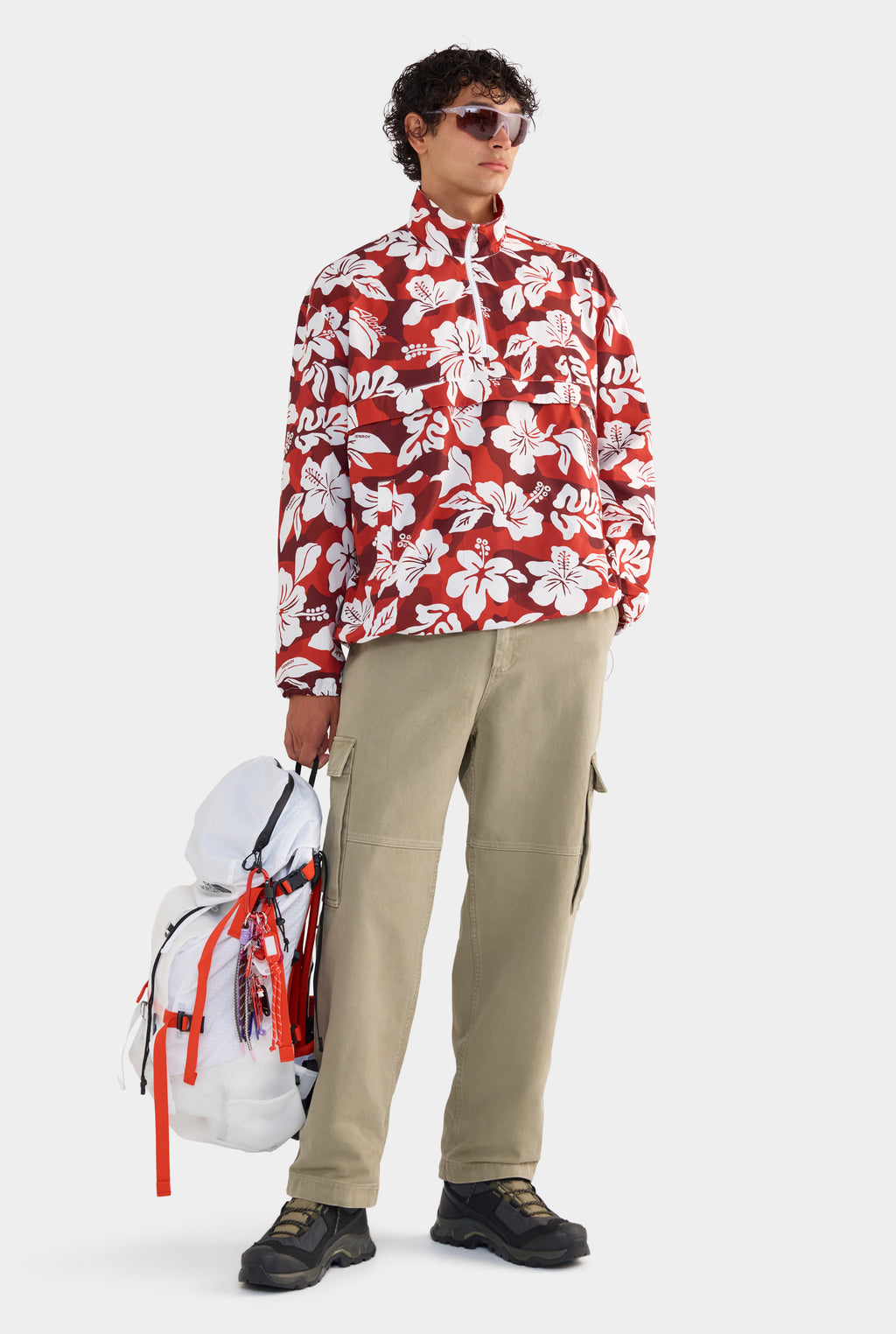 Panelled Nylon Quarter Zip - Red Hibiscus Camo