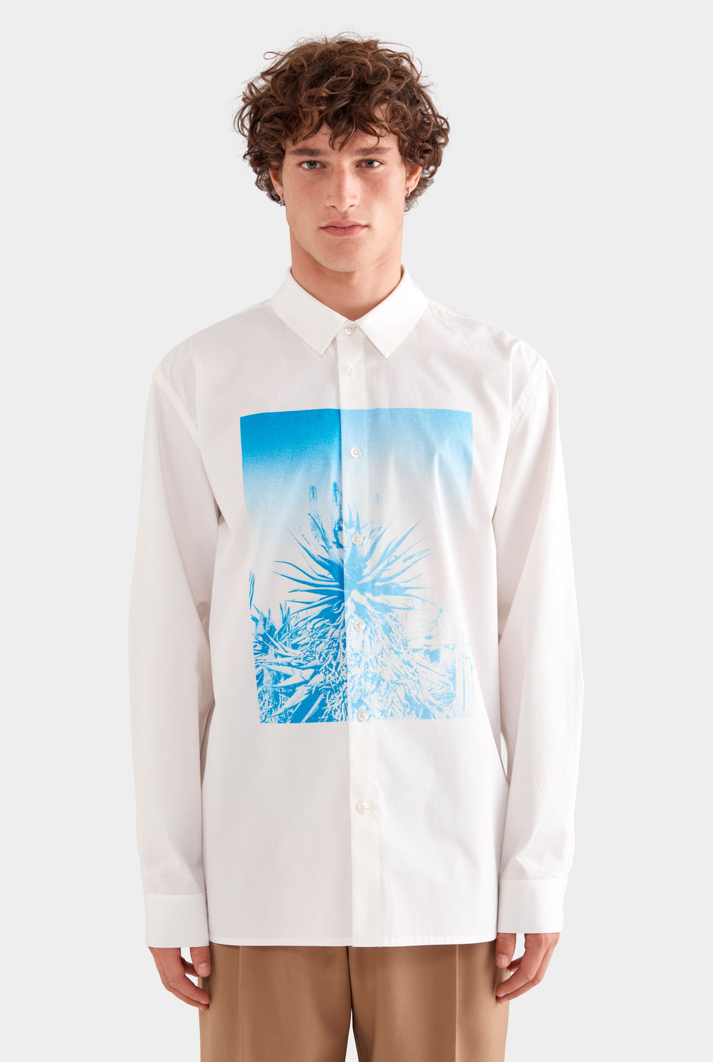 Printed Oversized Cotton Long Sleeve Shirt - White/Cactus Print Negative