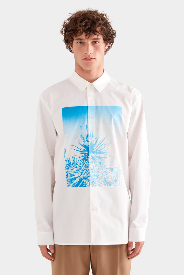 Printed Oversized Cotton Long Sleeve Shirt - White/Cactus Print Negative