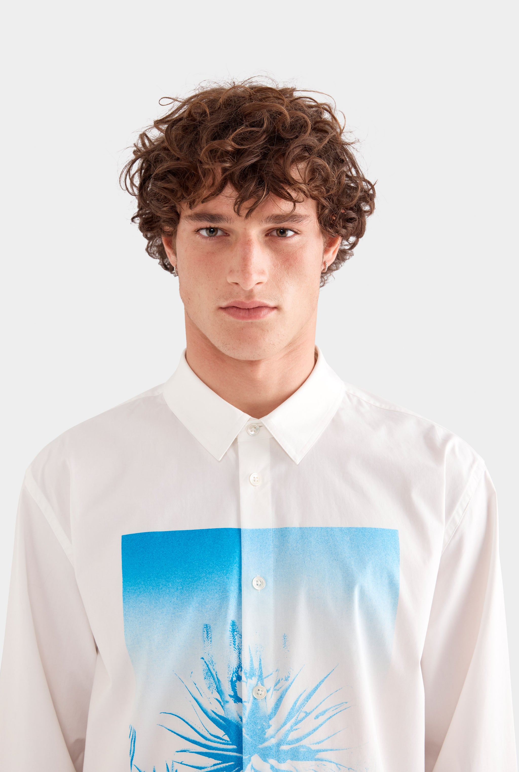Printed Oversized Cotton Long Sleeve Shirt - White/Cactus Print Negative