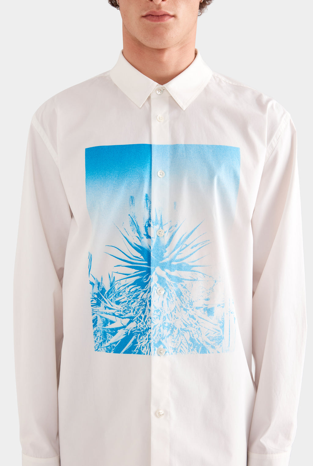 Printed Oversized Cotton Long Sleeve Shirt - White/Cactus Print Negative