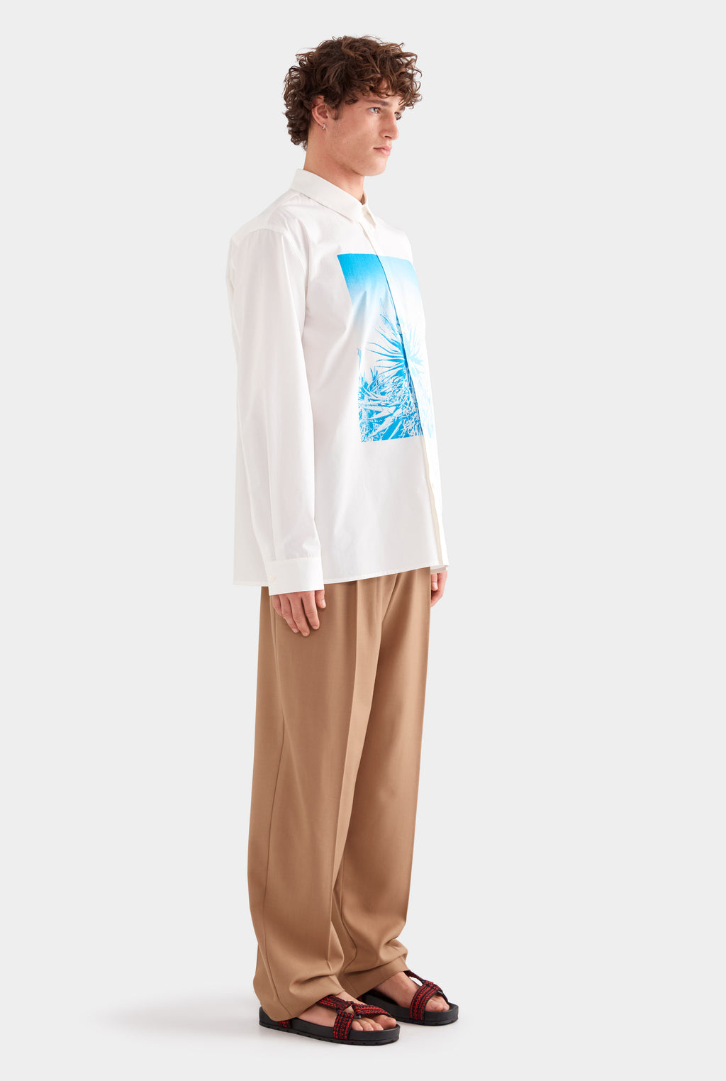 Printed Oversized Cotton Long Sleeve Shirt - White/Cactus Print Negative