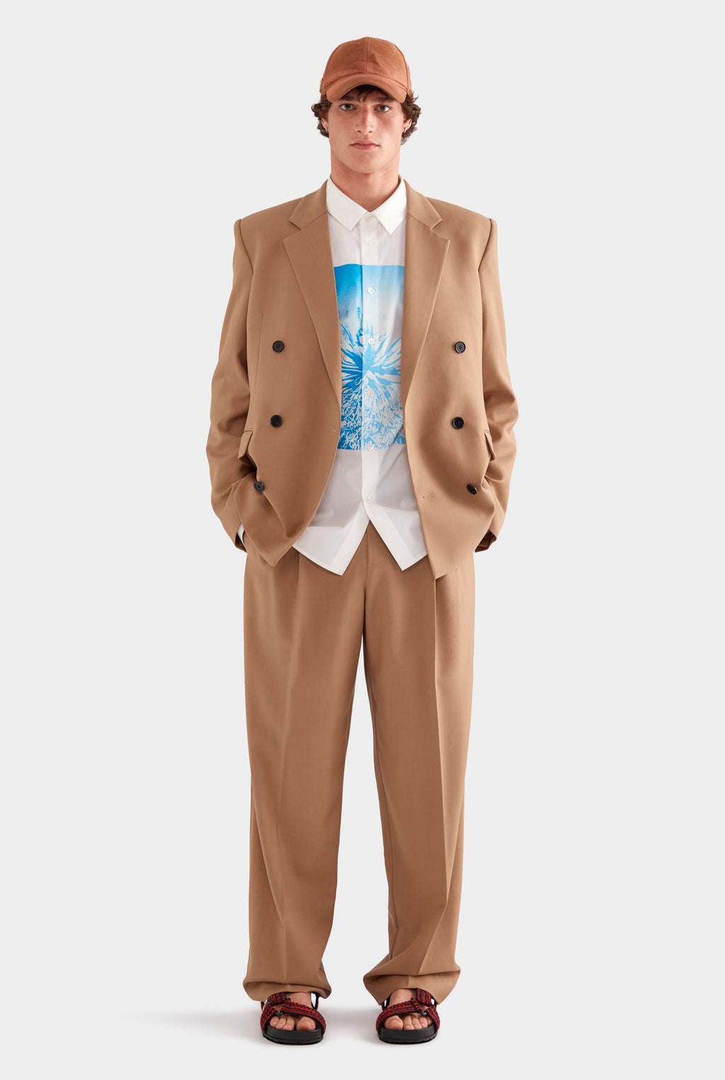 Printed Oversized Cotton Long Sleeve Shirt - White/Cactus Print Negative