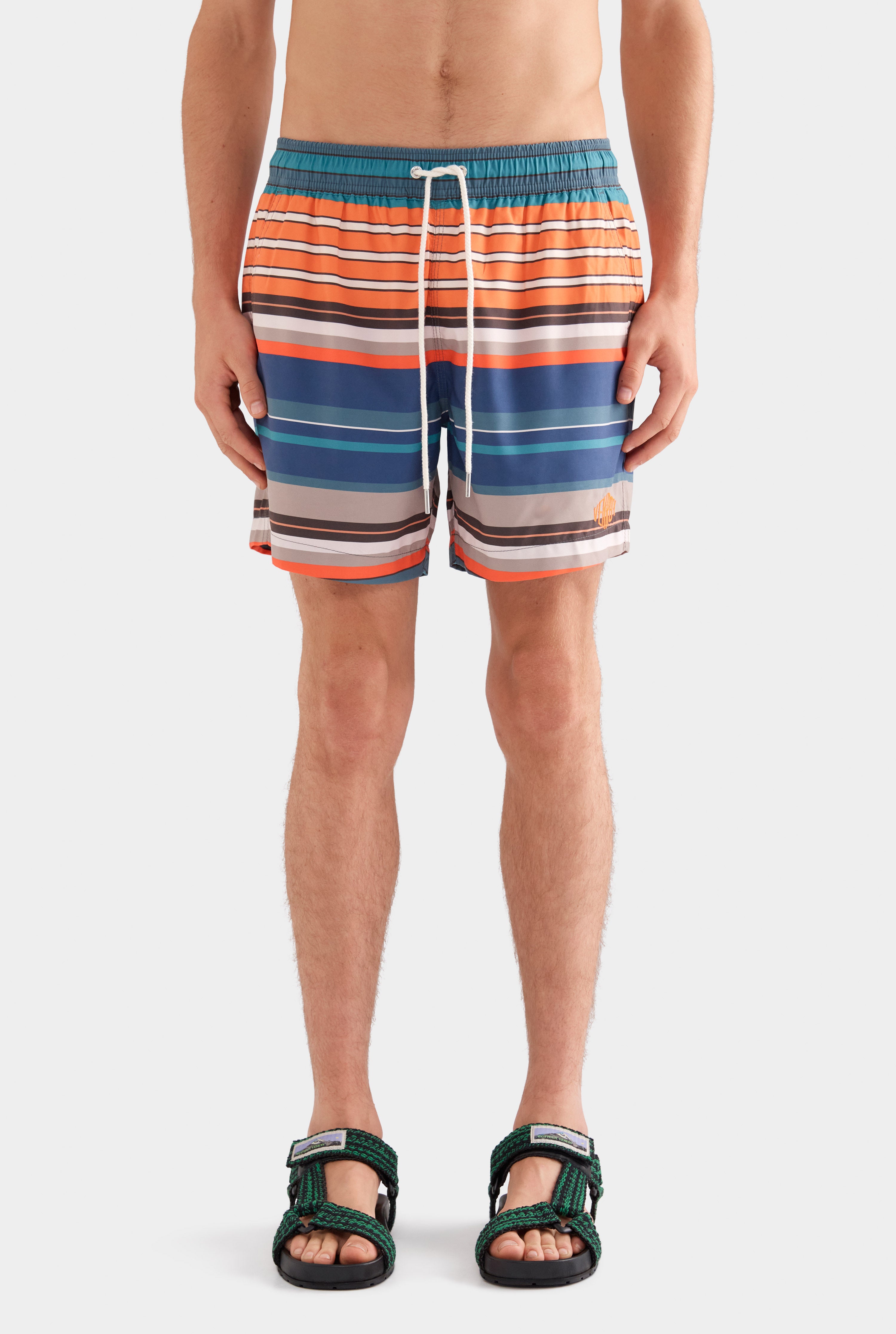 Printed Swim Short - Bright Orange/Teal Multi Stripe