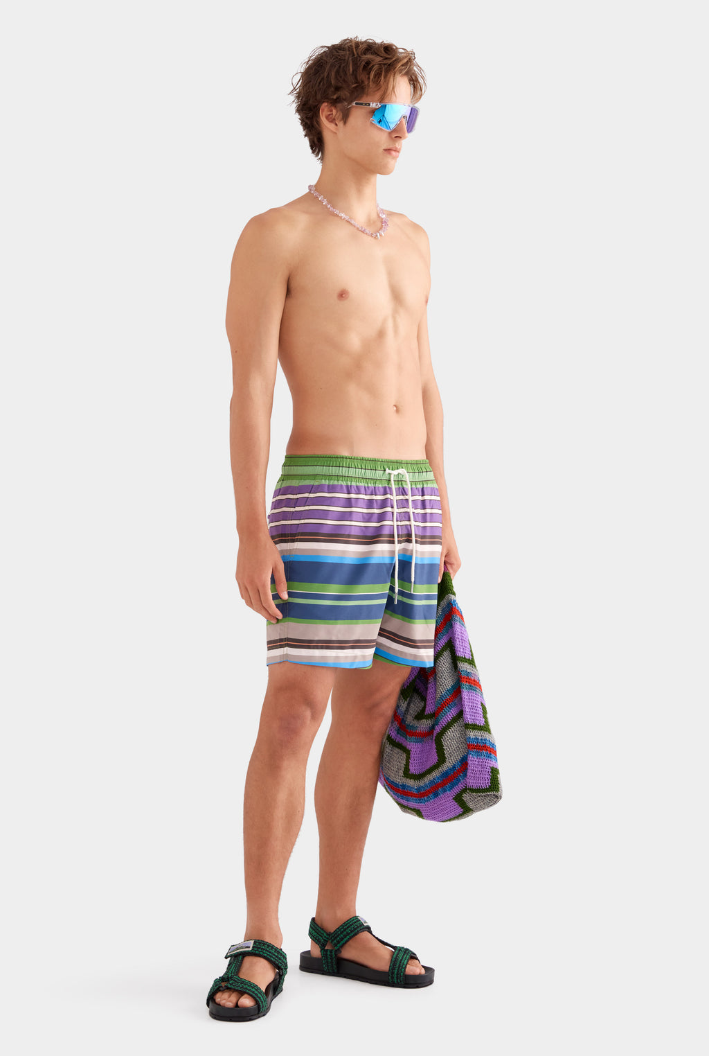 Printed Swim Short - Leaf Green/Violet Multi Stripe