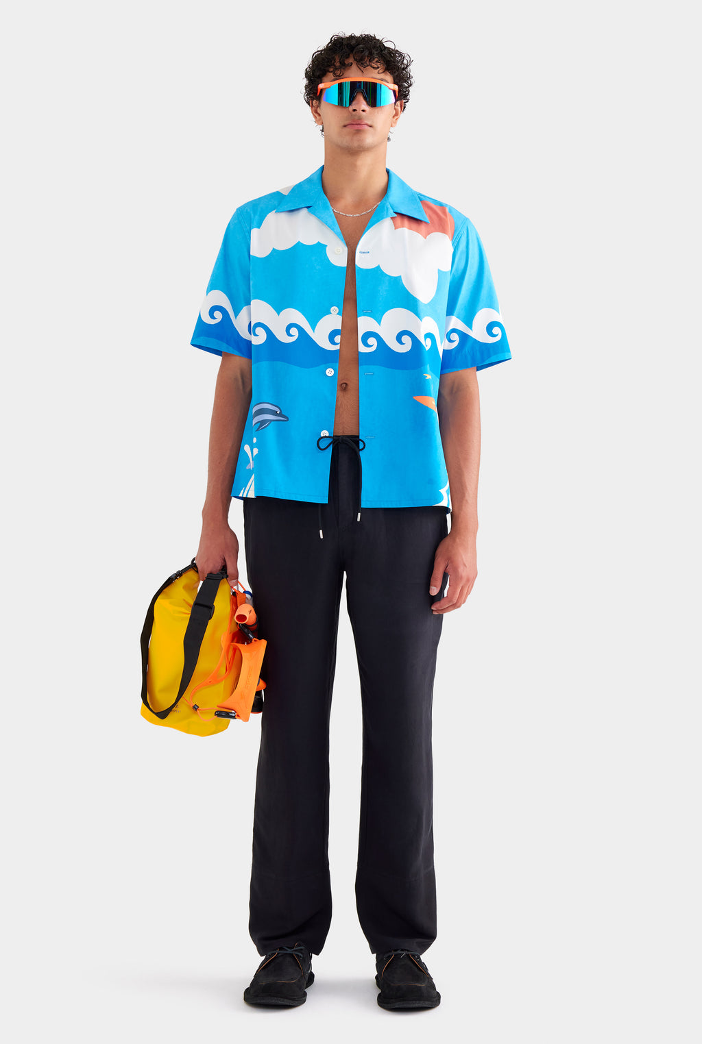 Printed Boxy Cotton Camp Collar Shirt - Bondi Surf Scene