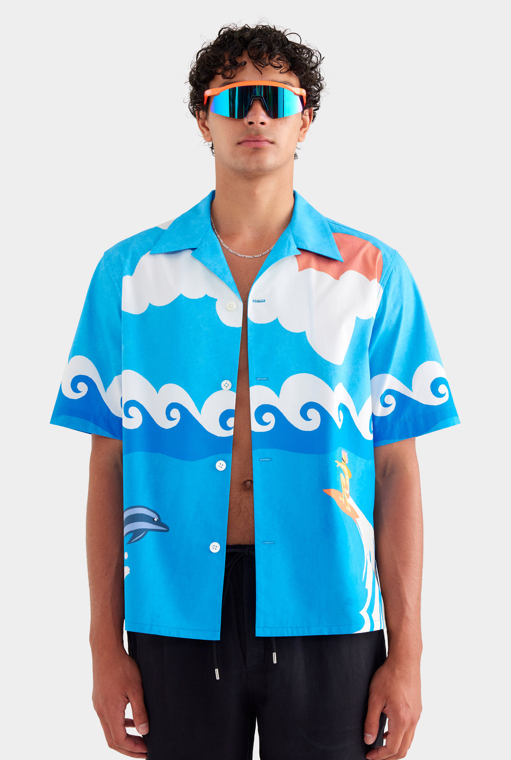 Printed Boxy Cotton Camp Collar Shirt - Bondi Surf Scene