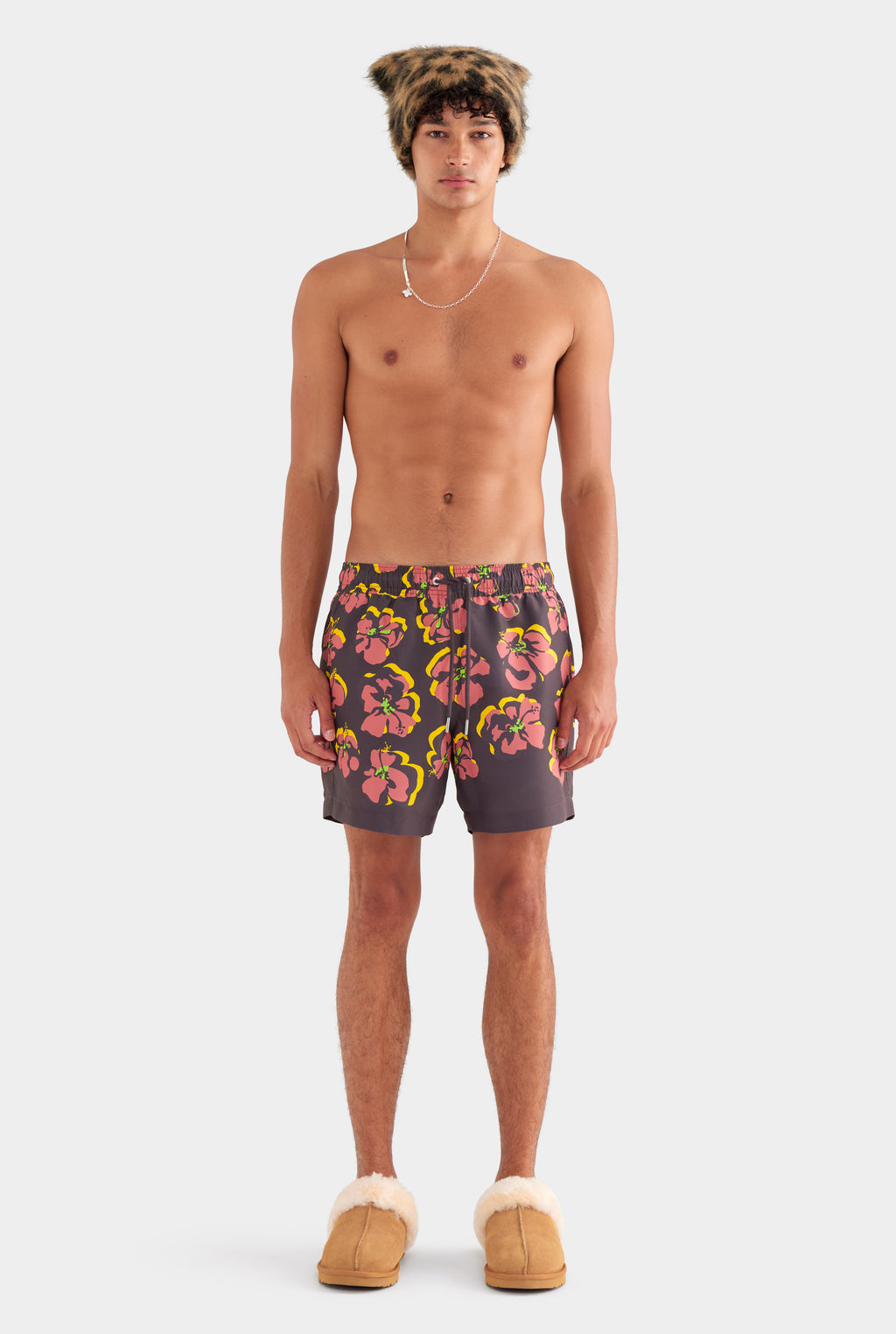 Printed Swim Short - Black/Maroon Hibiscus