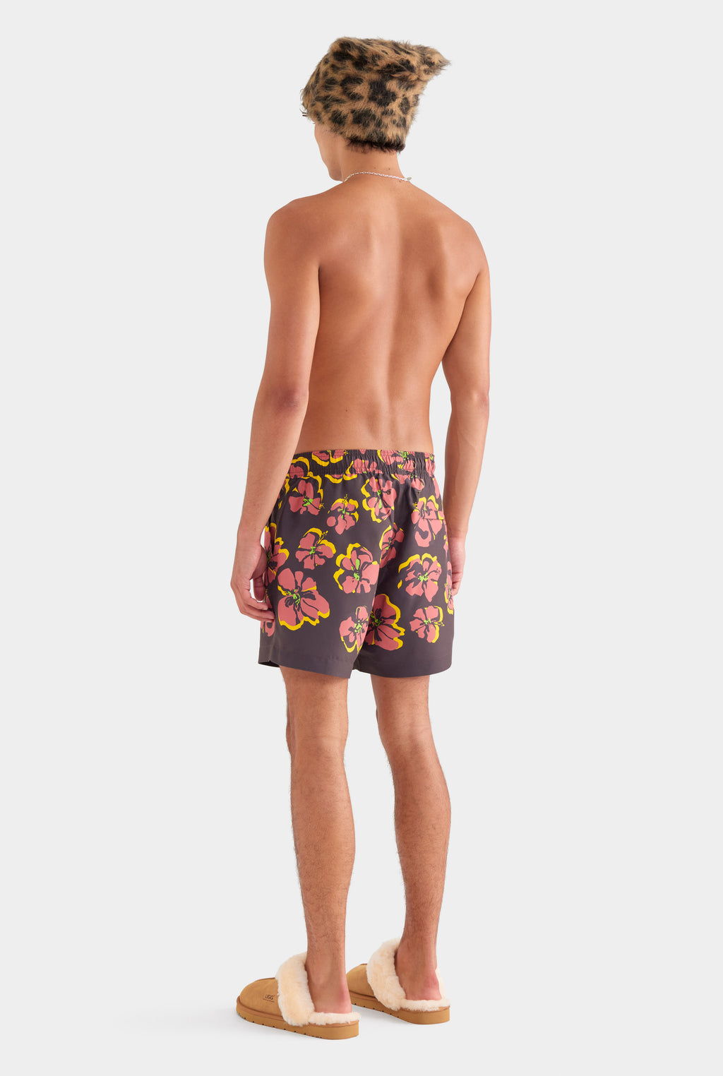 Printed Swim Short - Black/Maroon Hibiscus