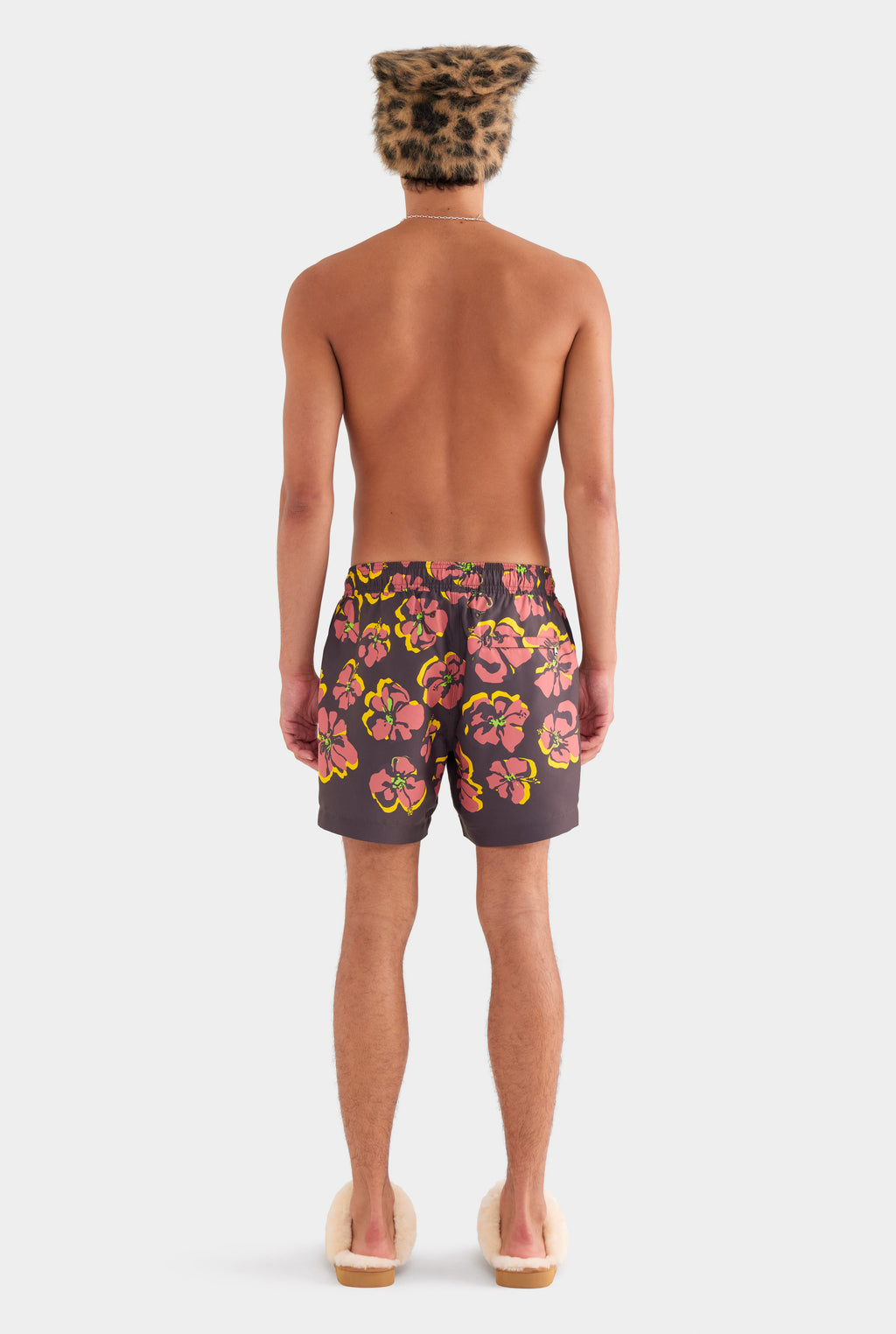 Printed Swim Short - Black/Maroon Hibiscus