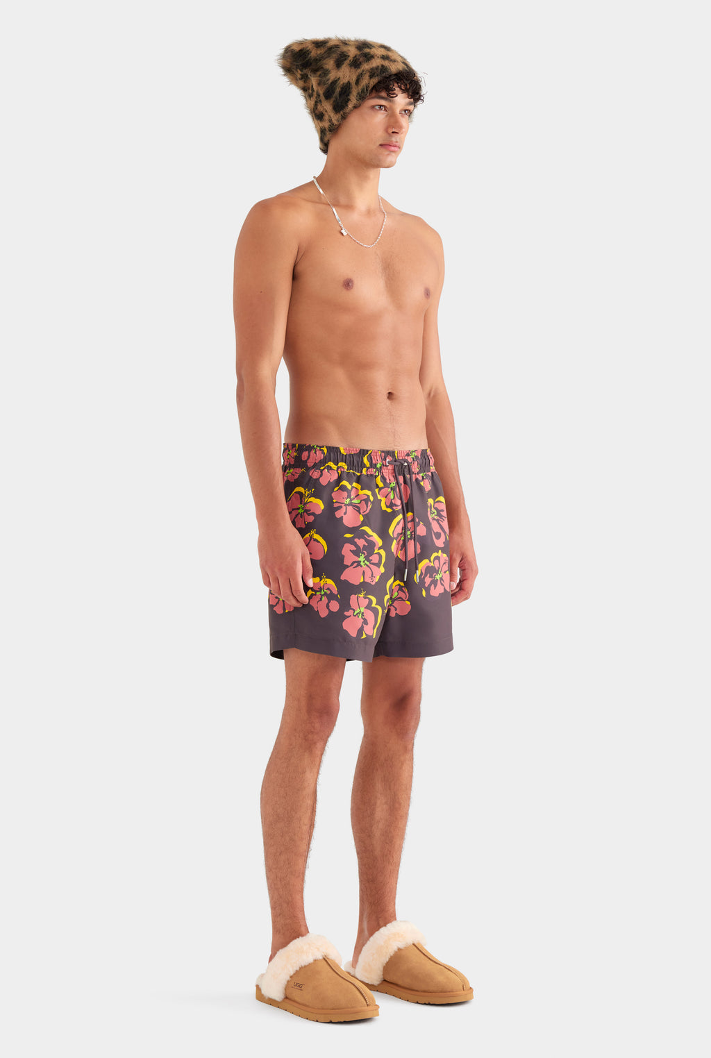 Printed Swim Short - Black/Maroon Hibiscus