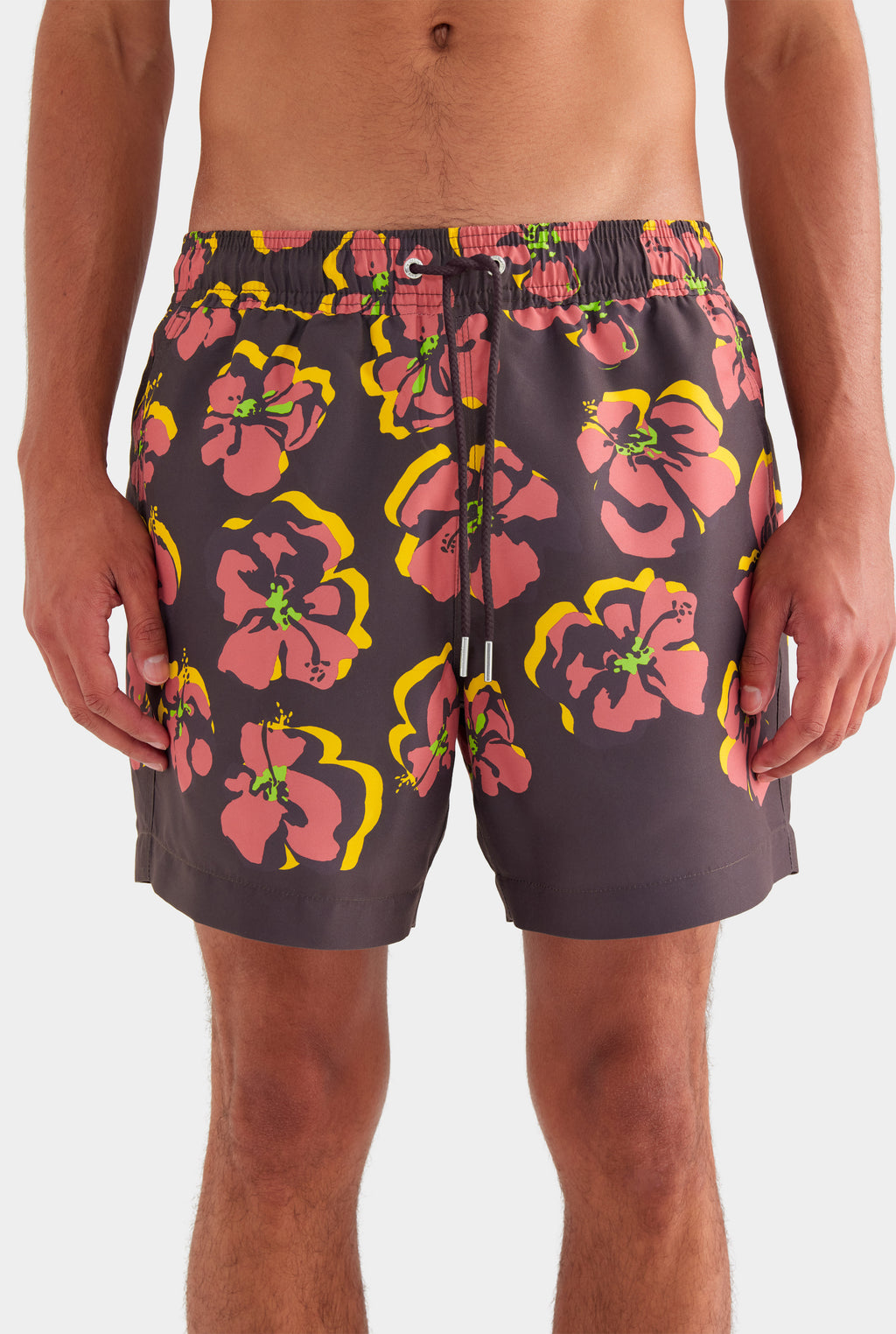 Printed Swim Short - Black/Maroon Hibiscus