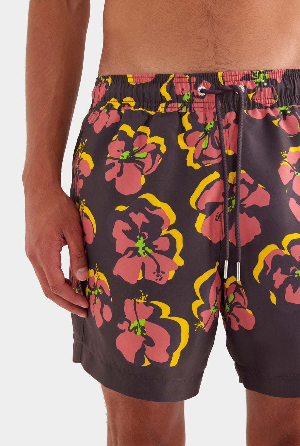 Printed Swim Short - Black/Maroon Hibiscus
