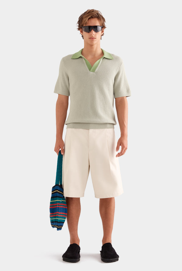 Relaxed Cotton Knit Open Neck Polo - Sage/Light Jade