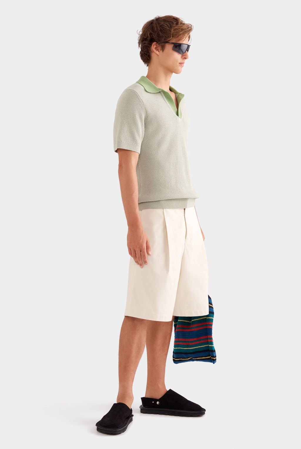 Relaxed Cotton Knit Open Neck Polo - Sage/Light Jade