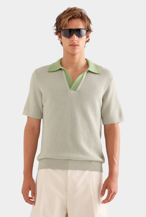 Relaxed Cotton Knit Open Neck Polo - Sage/Light Jade