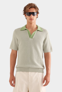 Relaxed Cotton Knit Open Neck Polo - Sage/Light Jade