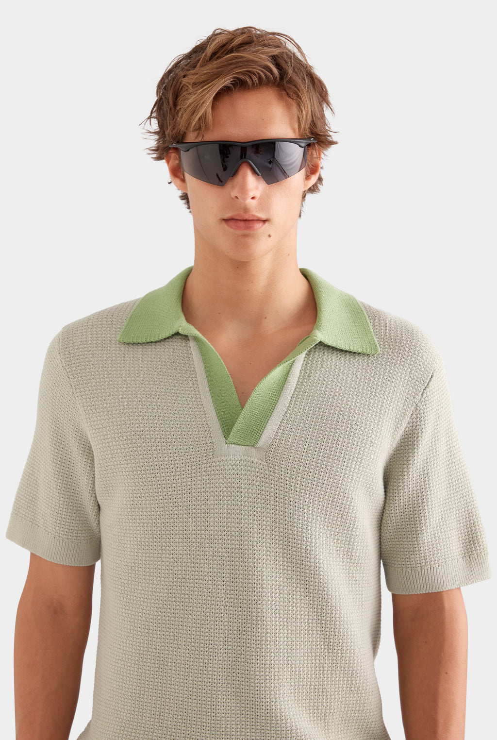 Relaxed Cotton Knit Open Neck Polo - Sage/Light Jade