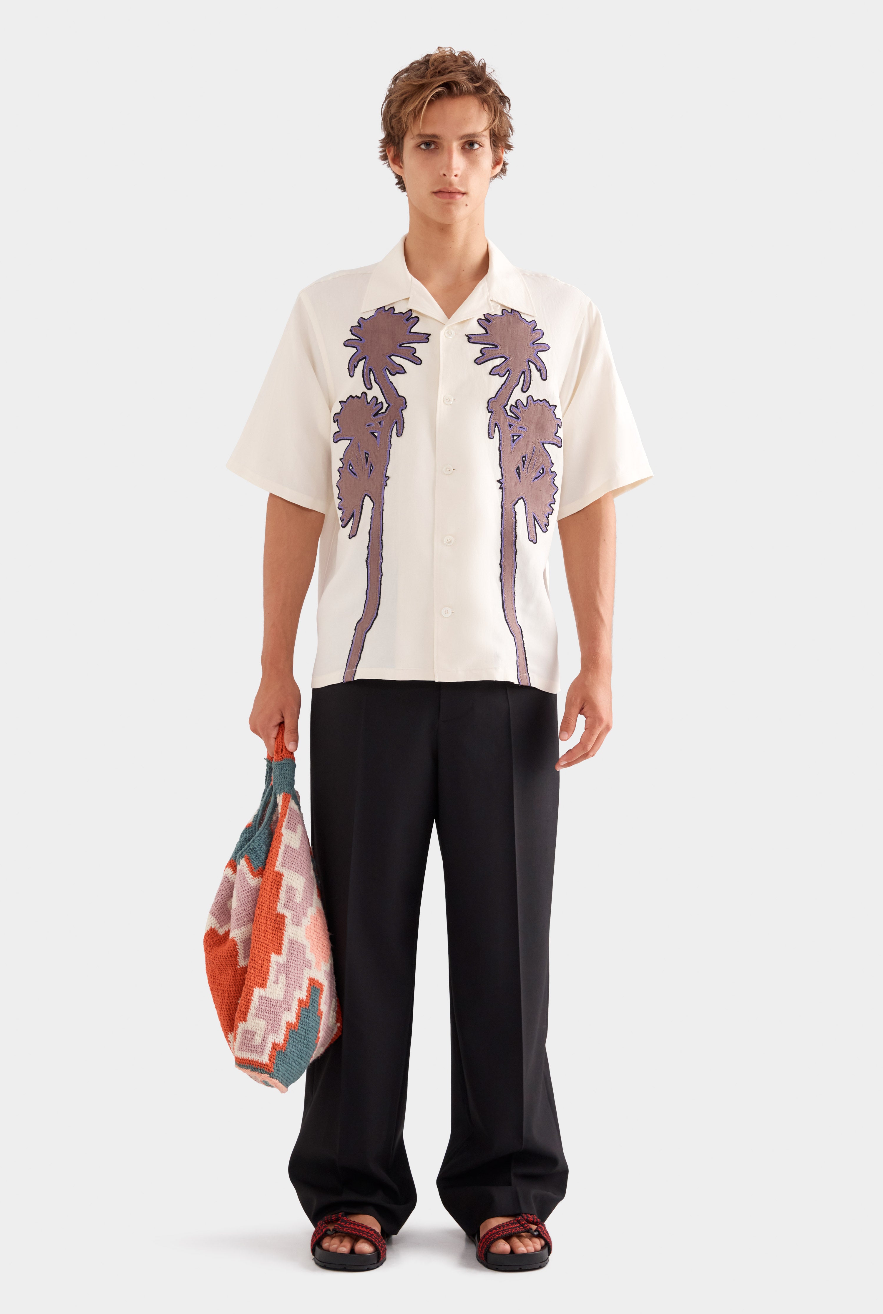 Relaxed Silk Linen Short Sleeve Shirt - Natural White/Cactus Stamp Applique