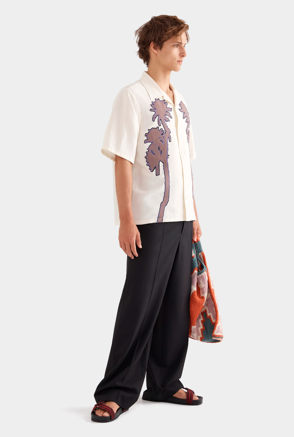 Relaxed Silk Linen Short Sleeve Shirt - Natural White/Cactus Stamp Applique