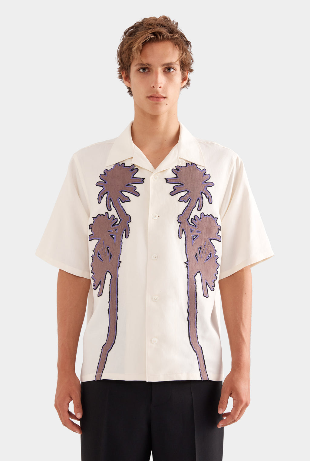 Relaxed Silk Linen Short Sleeve Shirt - Natural White/Cactus Stamp Applique