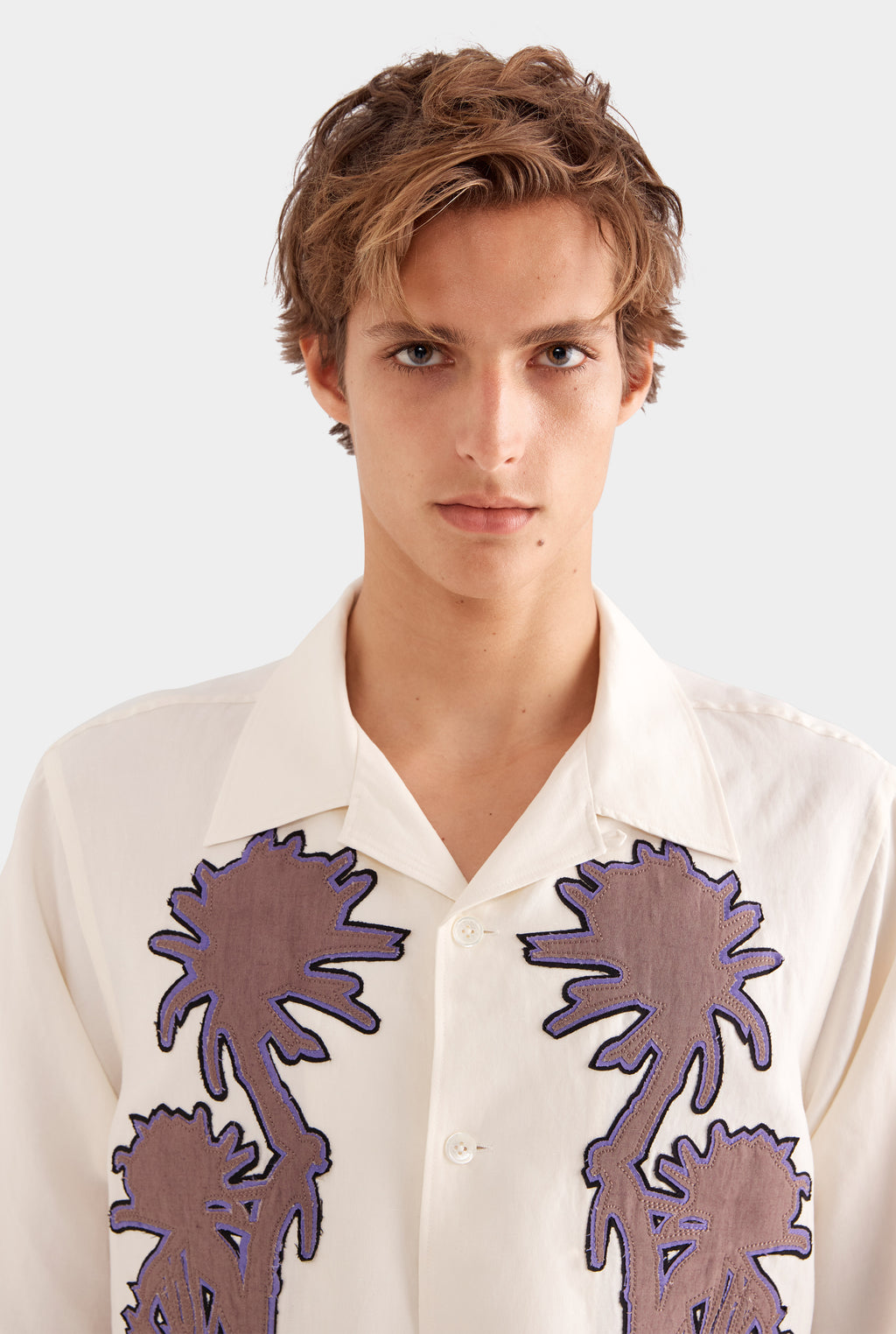 Relaxed Silk Linen Short Sleeve Shirt - Natural White/Cactus Stamp Applique