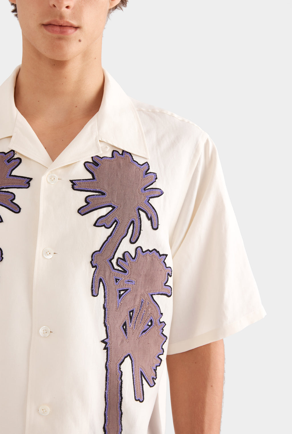 Relaxed Silk Linen Short Sleeve Shirt - Natural White/Cactus Stamp Applique