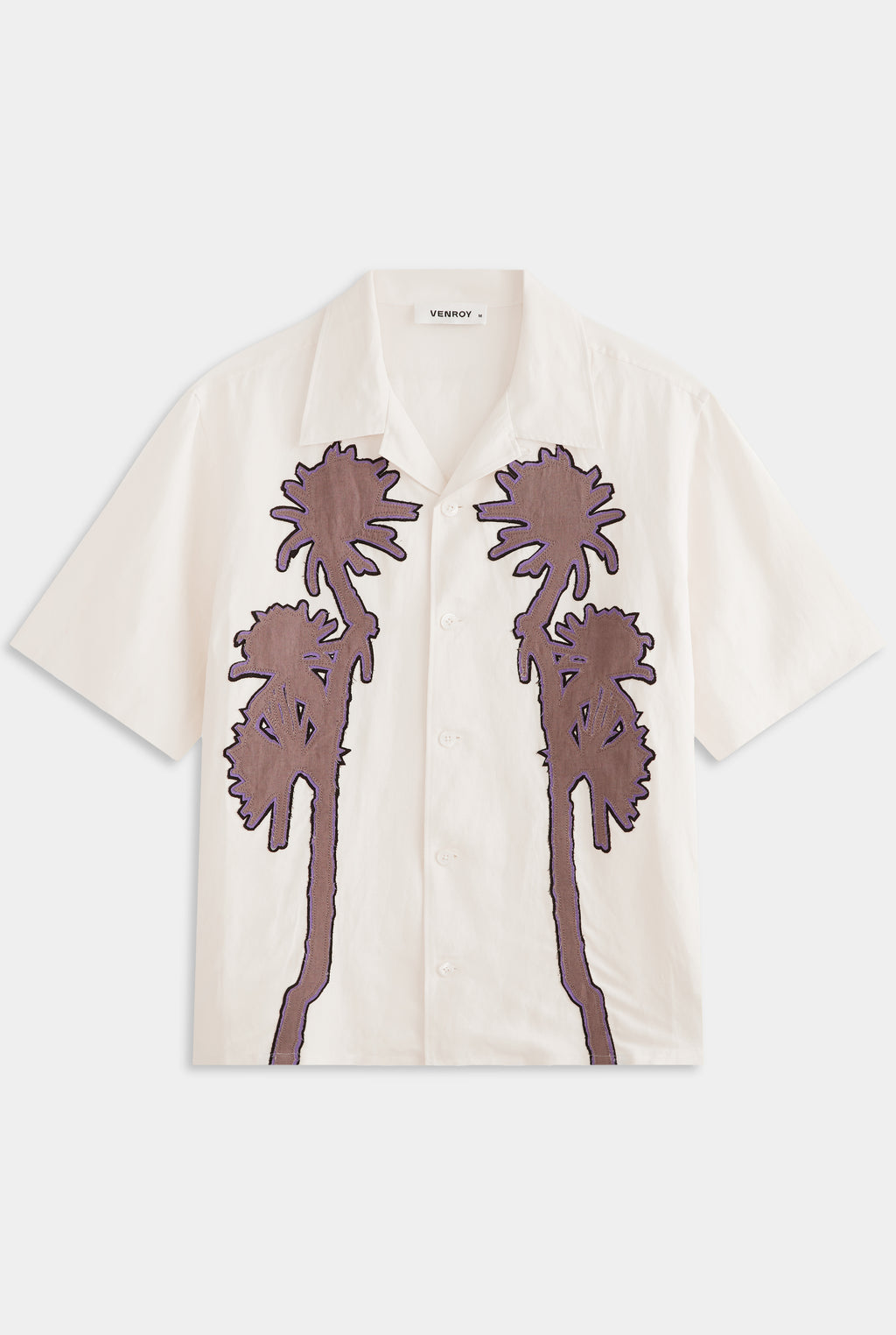Relaxed Silk Linen Short Sleeve Shirt - Natural White/Cactus Stamp Applique