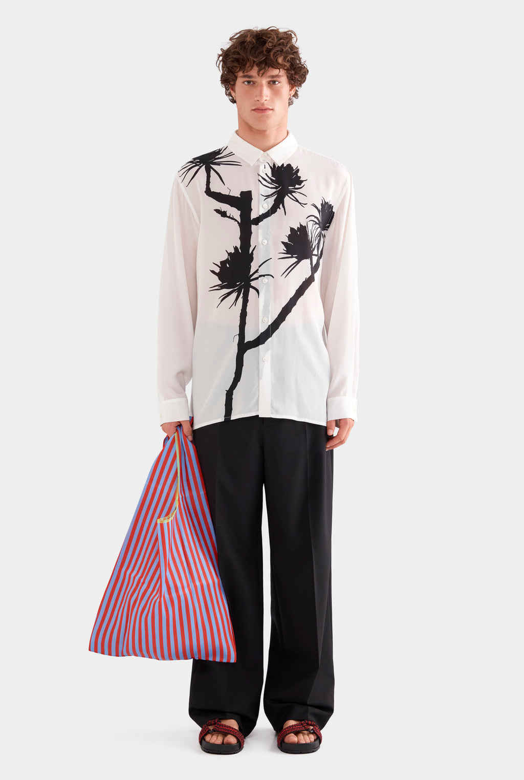 Relaxed Silk Long Sleeve Shirt - White/Cactus Stamp