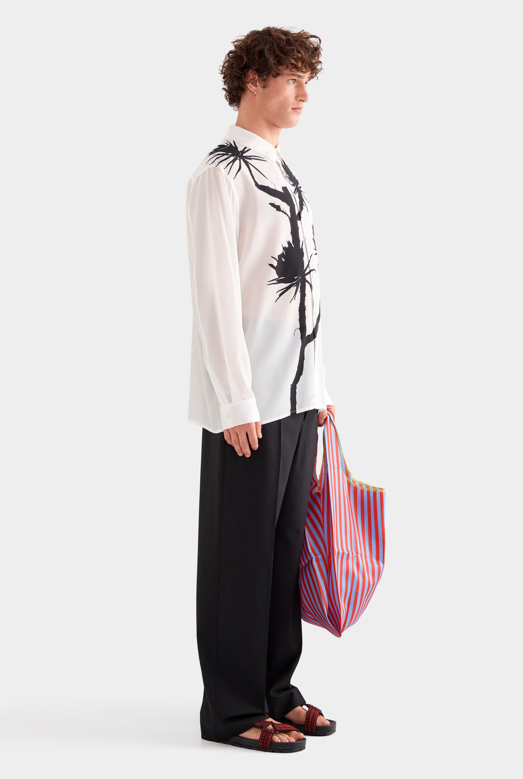 Relaxed Silk Long Sleeve Shirt - White/Cactus Stamp