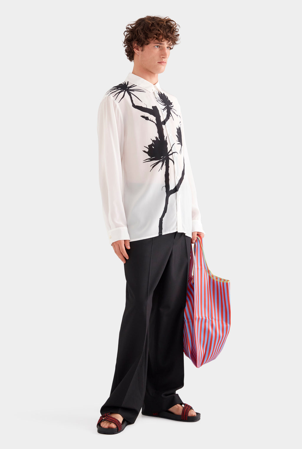 Relaxed Silk Long Sleeve Shirt - White/Cactus Stamp