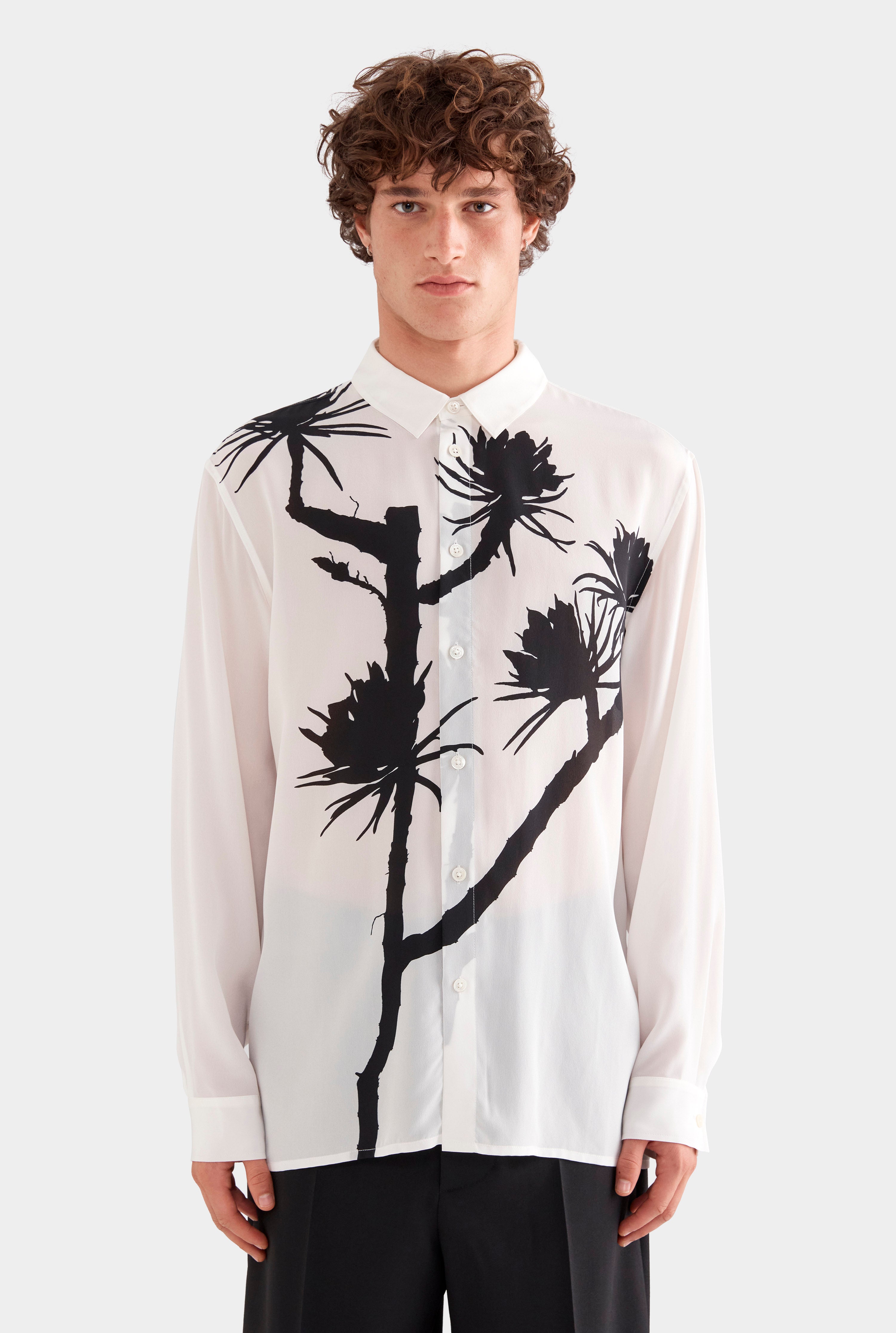Relaxed Silk Long Sleeve Shirt - White/Cactus Stamp