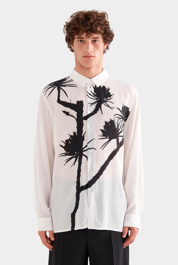 Relaxed Silk Long Sleeve Shirt - White/Cactus Stamp