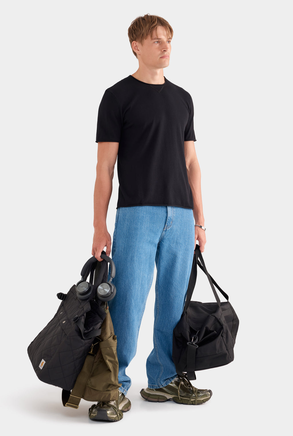 Rolled Edge Cotton Knit T-Shirt - Black