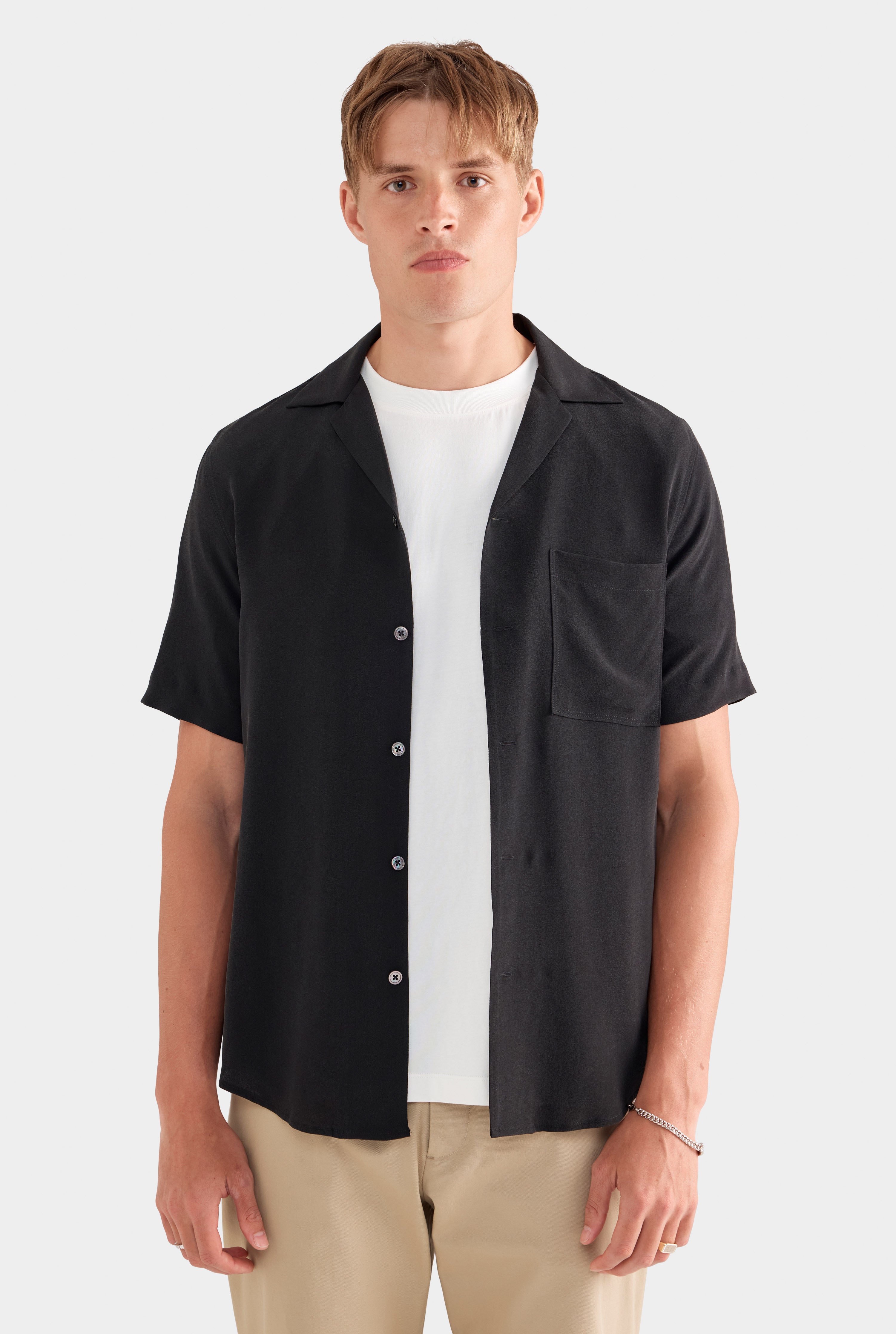 Short Sleeve Silk Camp Collar - Black