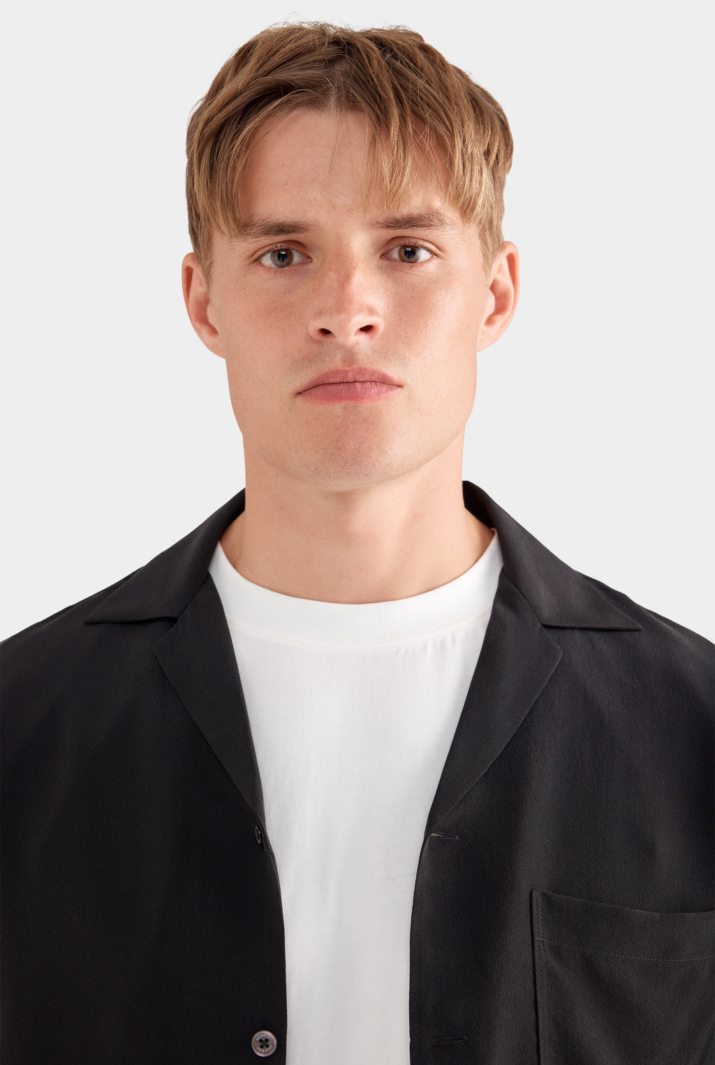Short Sleeve Silk Camp Collar - Black
