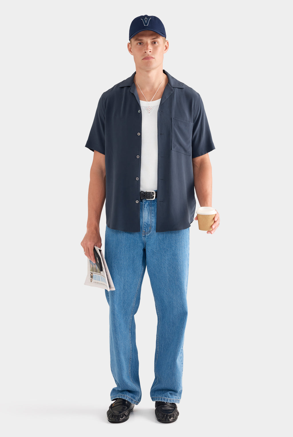 Short Sleeve Silk Camp Collar - Navy