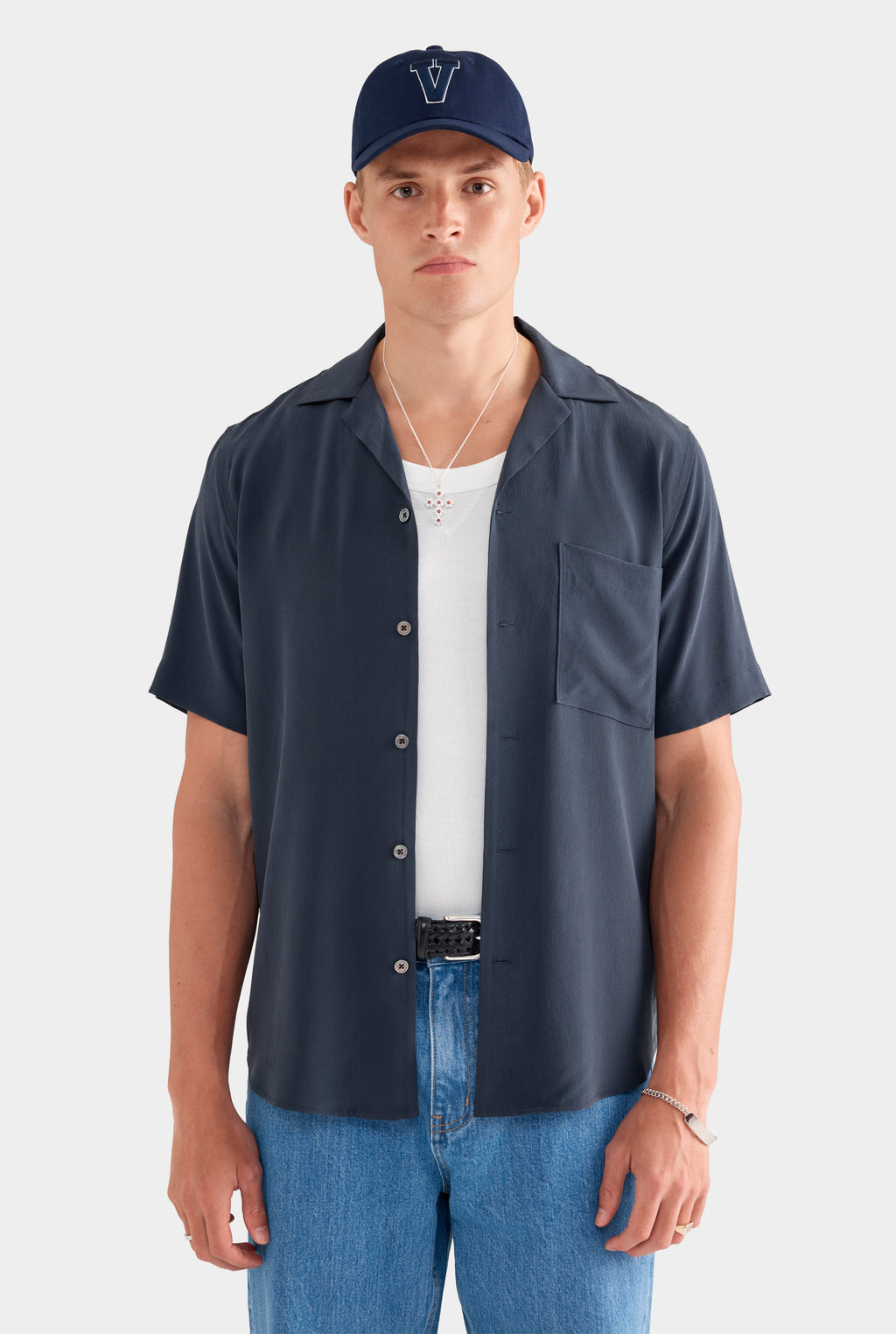 Short Sleeve Silk Camp Collar - Navy