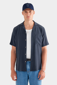 Short Sleeve Silk Camp Collar - Navy